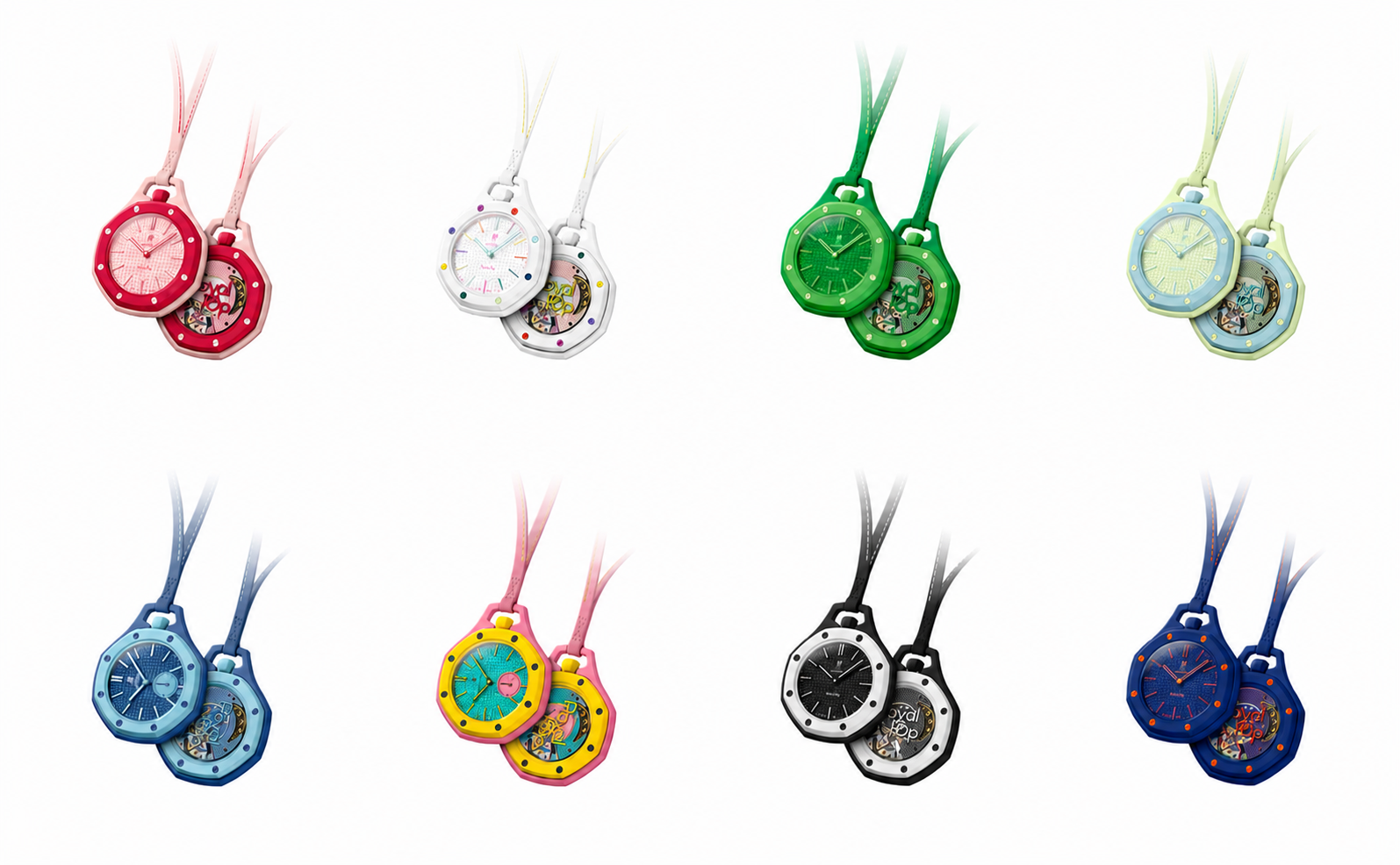 Eight colorful pendant pocket watches with ribbon loops, each displaying an exposed movement mechanism through a cutout design.
