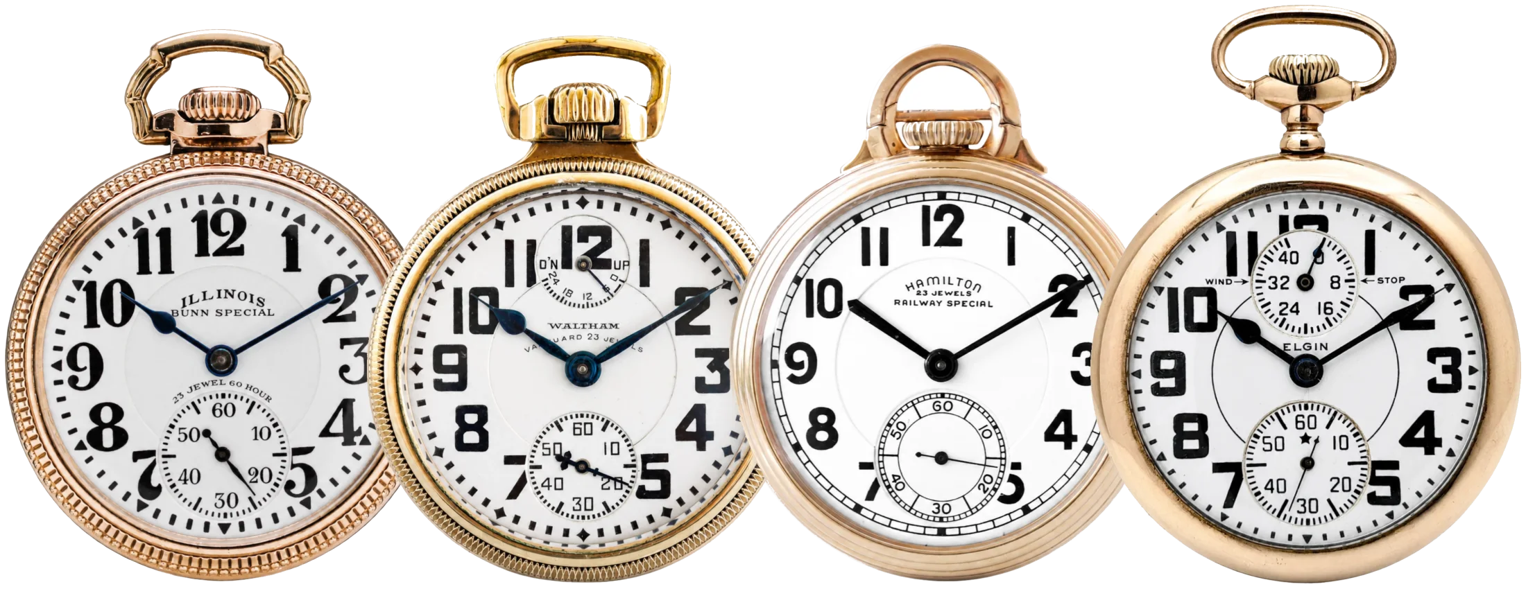 Four American railroad pocket watches side by side — an 18-size Illinois Bunn Special with a Ferguson dial, a Waltham Vanguard, a Hamilton Railway Special and an Elgin — all in gold-filled cases