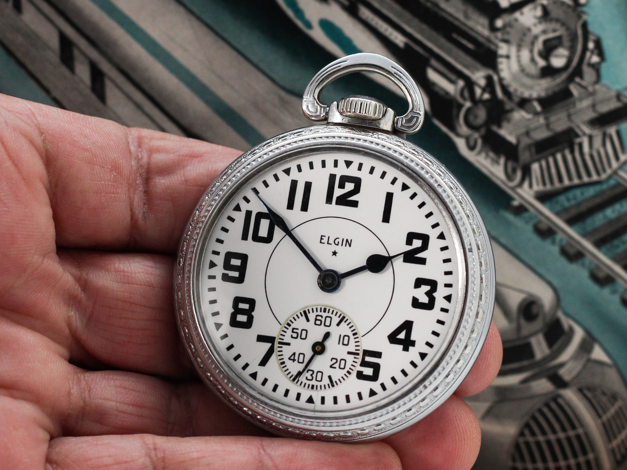 Elgin Pocket Watch Railroad Grade B.W. Raymond Housed in Train Engraved Case image 4