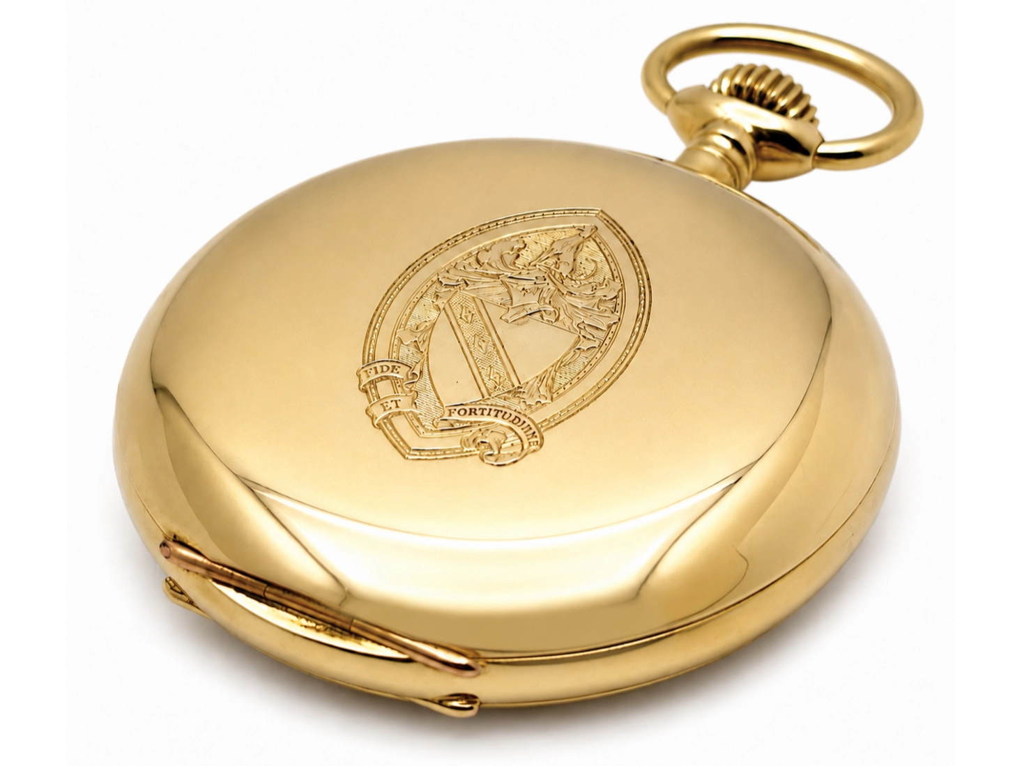 Gold polished pocket watch case with engraved coat of arms and threaded crown.