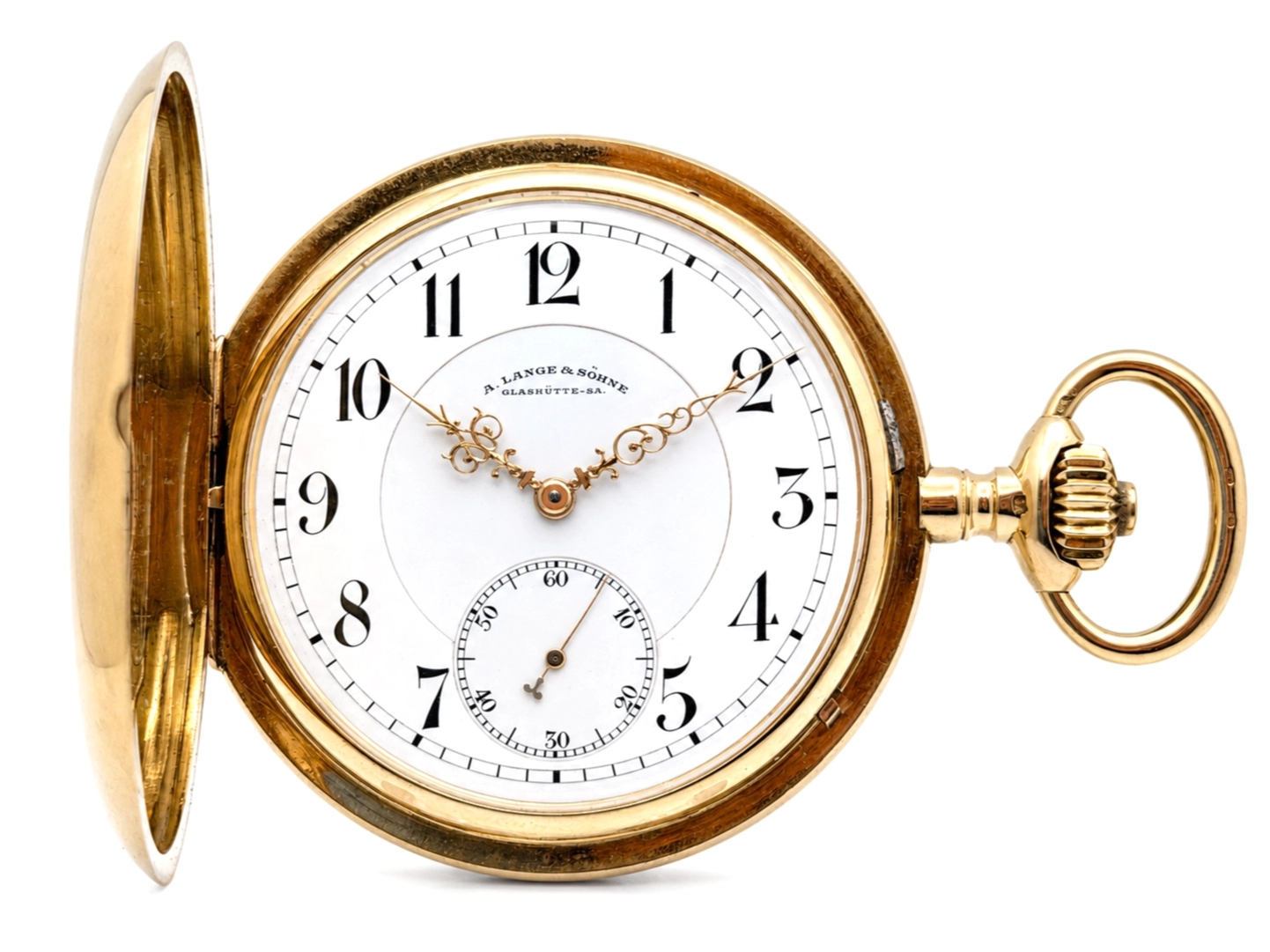 Gold hunting case pocket watch with white dial, Arabic numerals, and subsidiary seconds dial, open to show front.