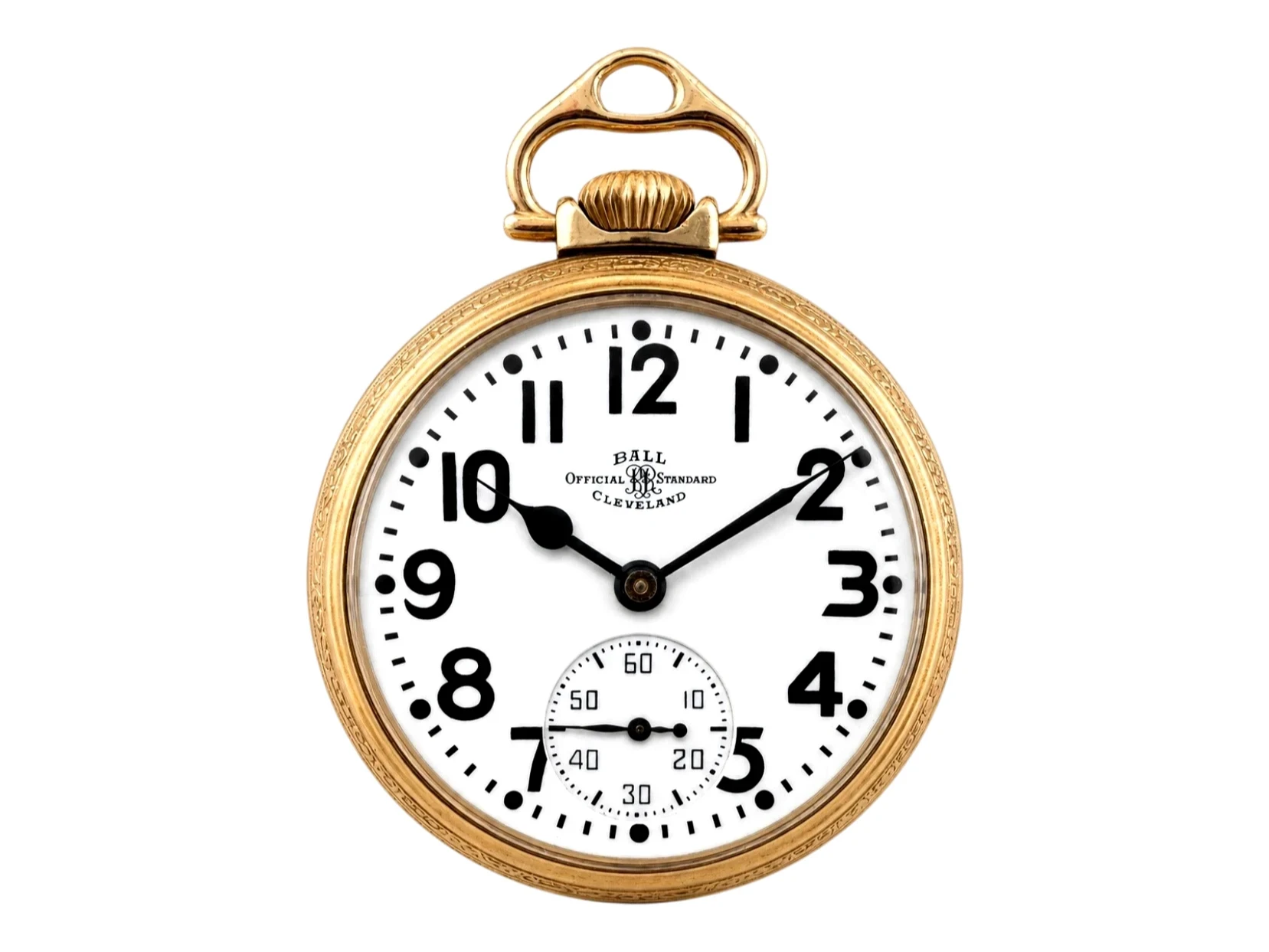 Gold pocket watch with white dial, black Arabic numerals, subsidiary seconds dial, and ornate bow.