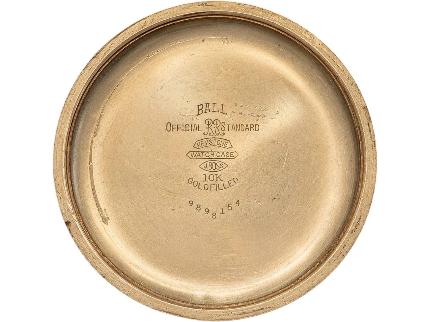 Gold-filled case back with engraved Ball Official Standard markings and serial number.