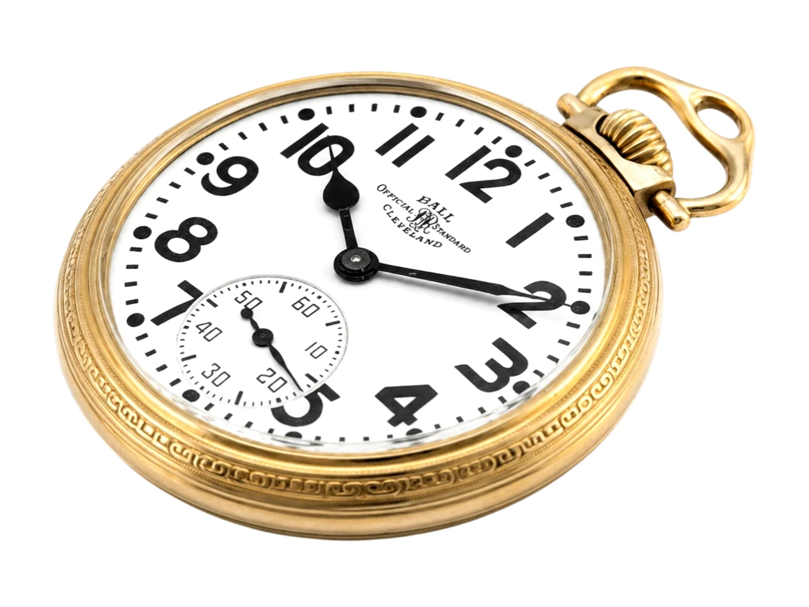 Gold case pocket watch with white dial, Arabic numerals, subsidiary seconds dial, and ornate bail.