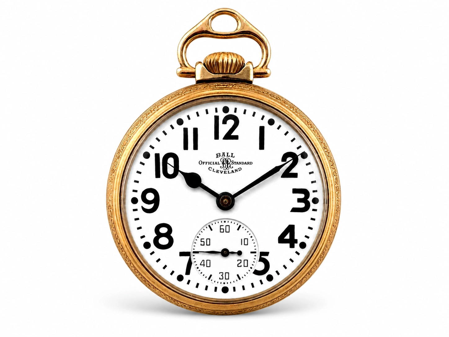 Gold open-face pocket watch with white dial, black Arabic numerals, subsidiary second dial.