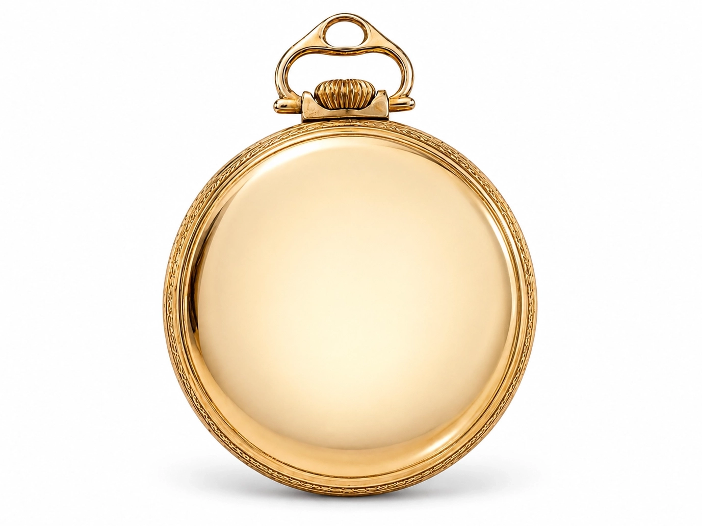 Gold pocket watch with closed polished case, decorative bow, and textured bezel.