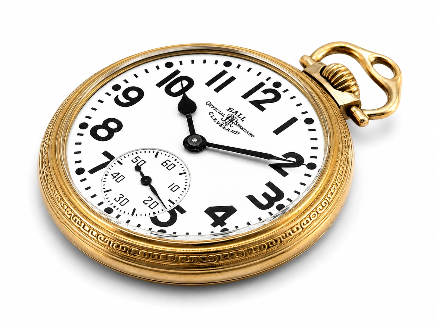 Gold-cased pocket watch with white dial, black Arabic numerals, subsidiary seconds dial, and decorative case band.