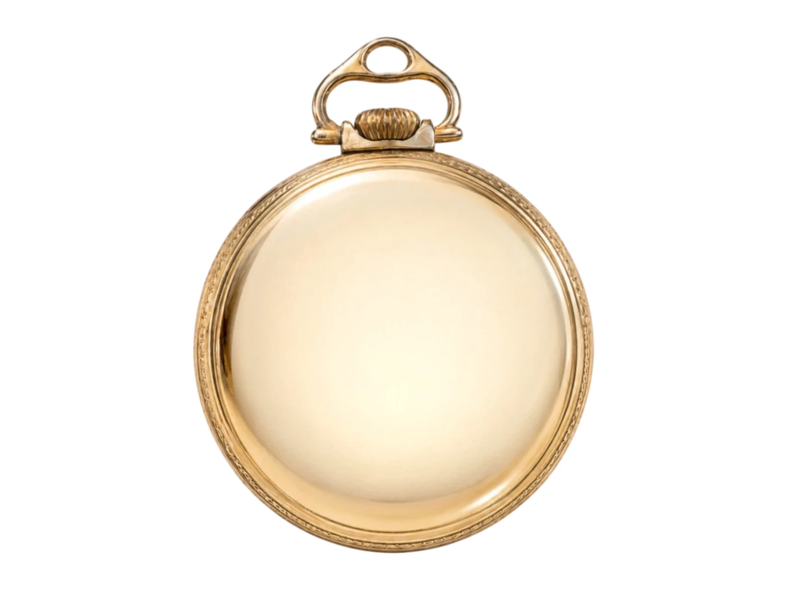 Gold pocket watch case with ornate bow, polished back cover visible against black background.