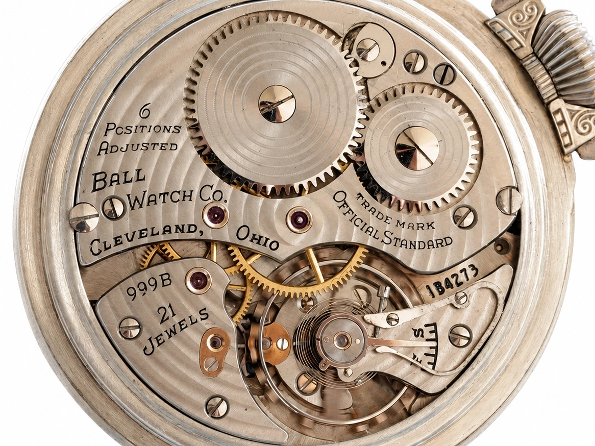 Internal movement showing balance wheel, escape wheel, and jeweled mechanism of a pocket watch.