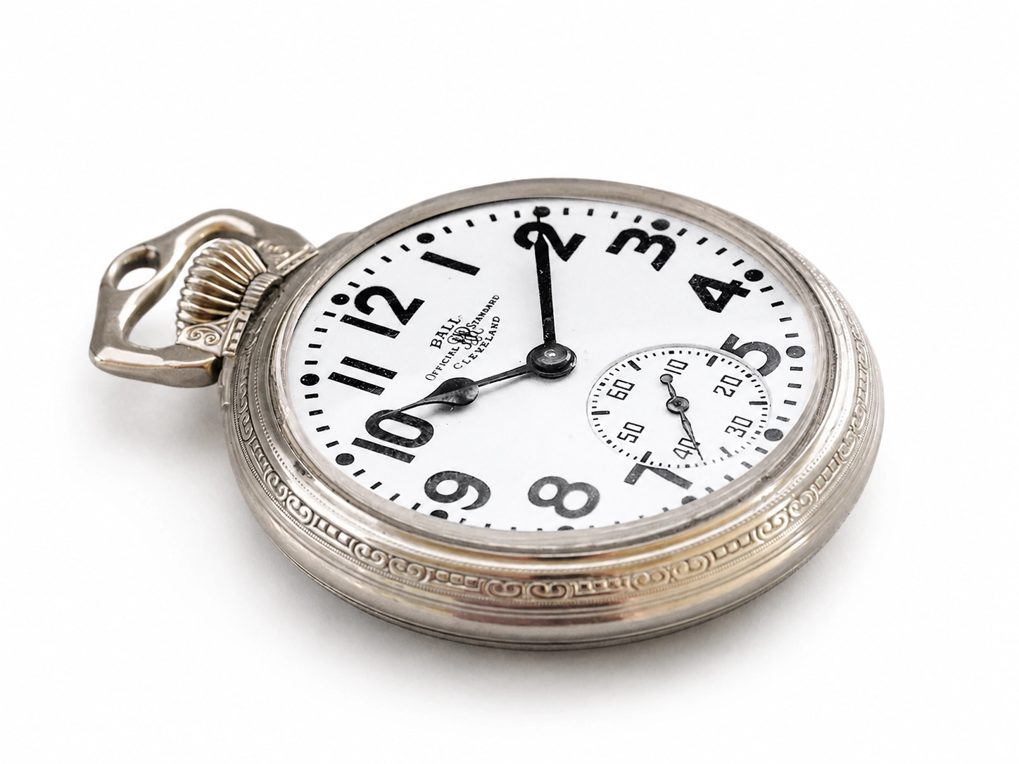 Open-face pocket watch with white dial, Arabic numerals, and subsidiary seconds dial, silver decorative case.