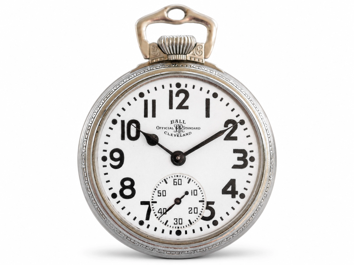 Silver pocket watch with white dial, Arabic numerals, subsidiary seconds dial, and decorative case.