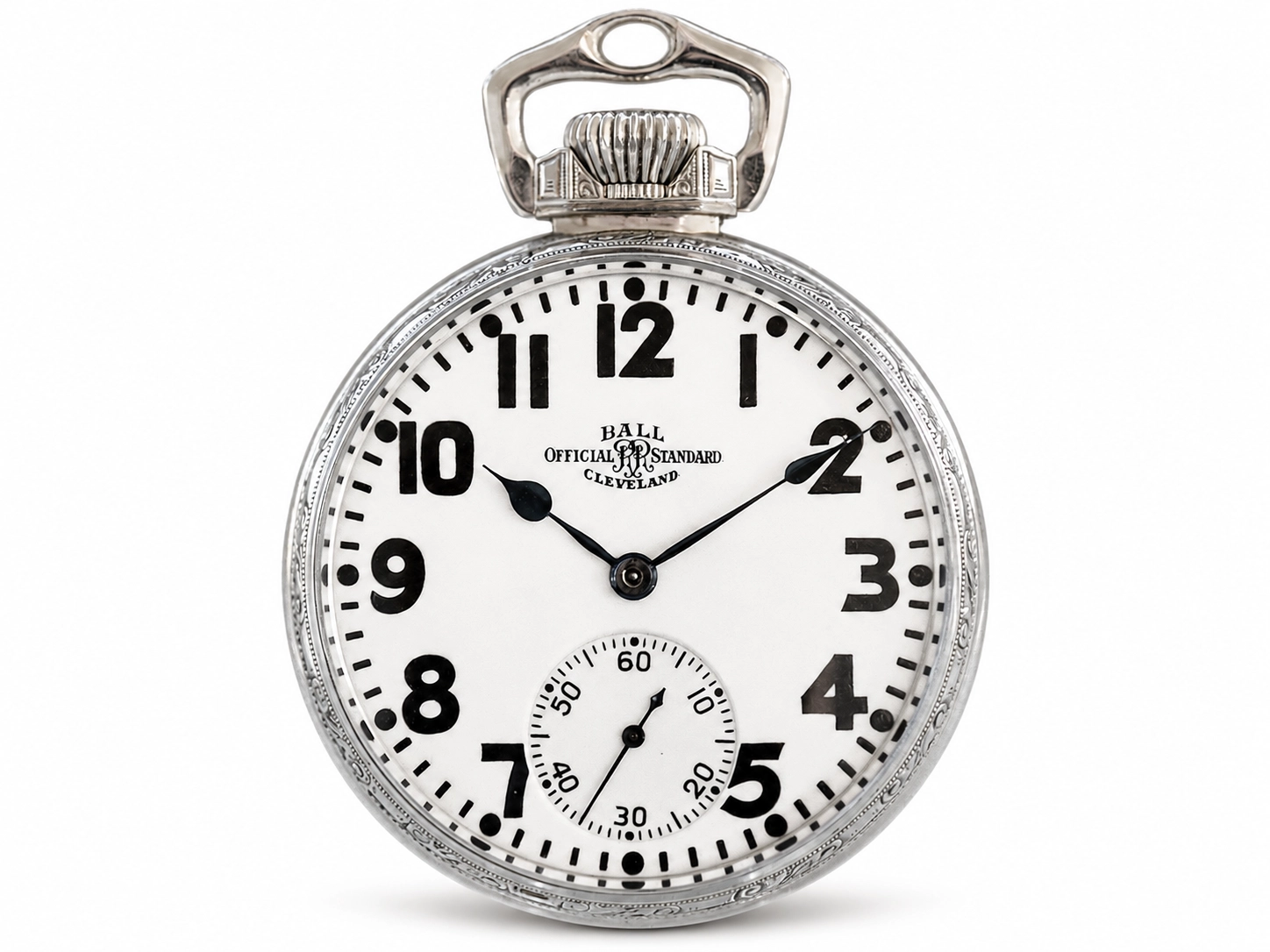 Open pocket watch with cream dial, bold Arabic numerals, subsidiary seconds dial, and metal case with crown.
