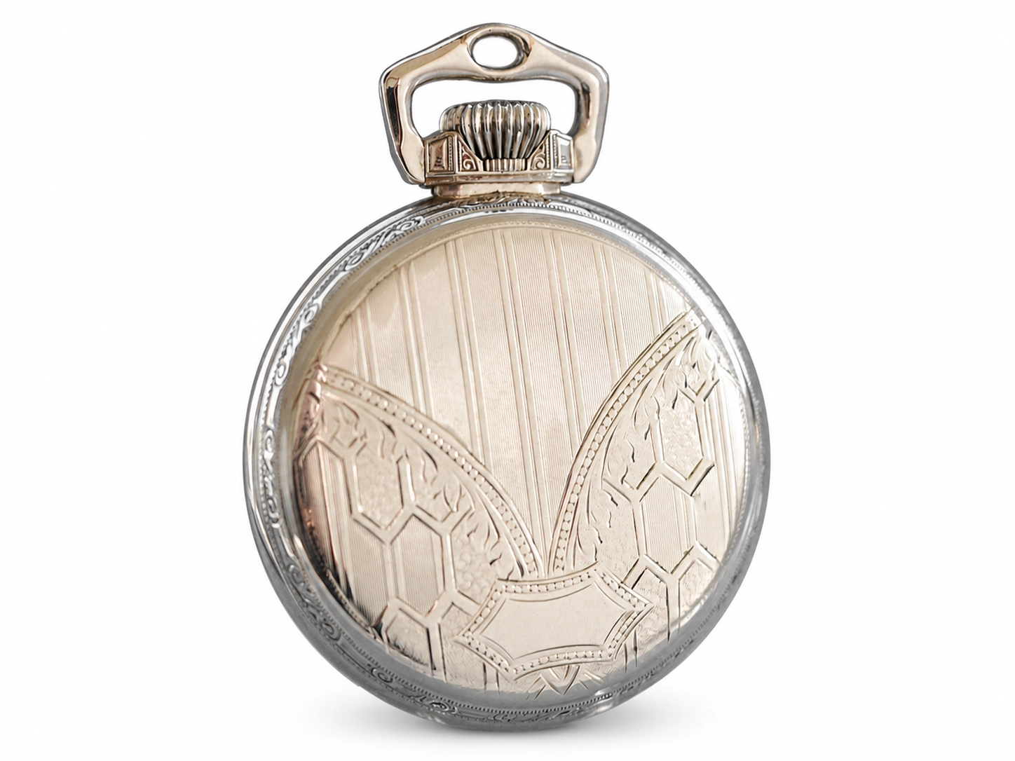 Ornate pocket watch case back with geometric Art Deco engraving and vertical linear pattern.