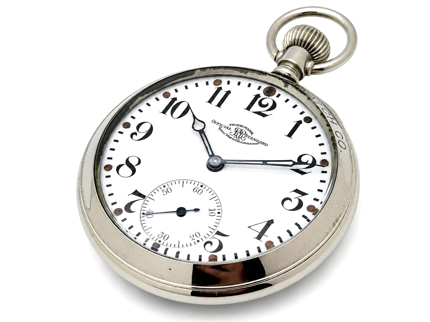 Polished silver case pocket watch with white dial, Arabic numerals, subsidiary seconds dial, and tapered hands.