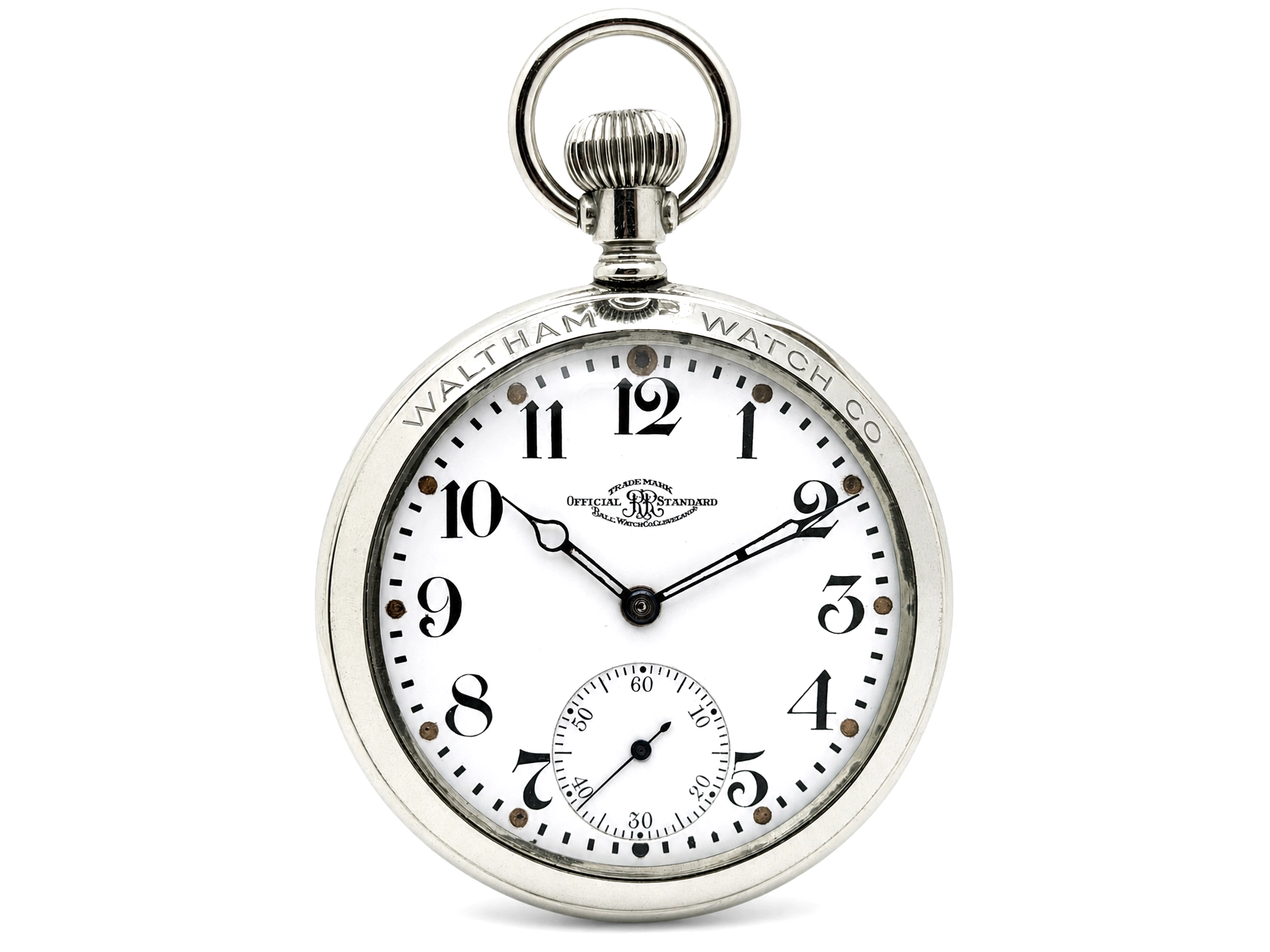 Open-face pocket watch with white dial, Arabic numerals, subsidiary seconds dial, and Waltham case.