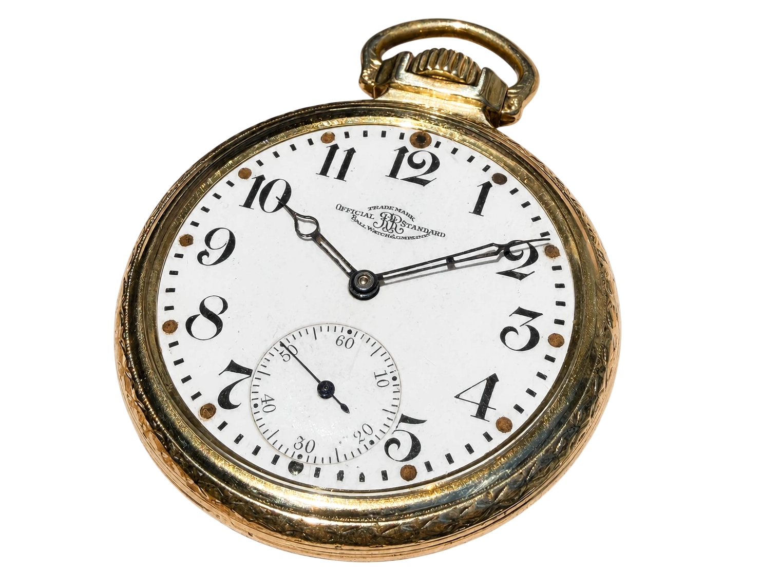 Pocket watch with white dial, Arabic numerals, subsidiary seconds dial, and brass case visible against black background.