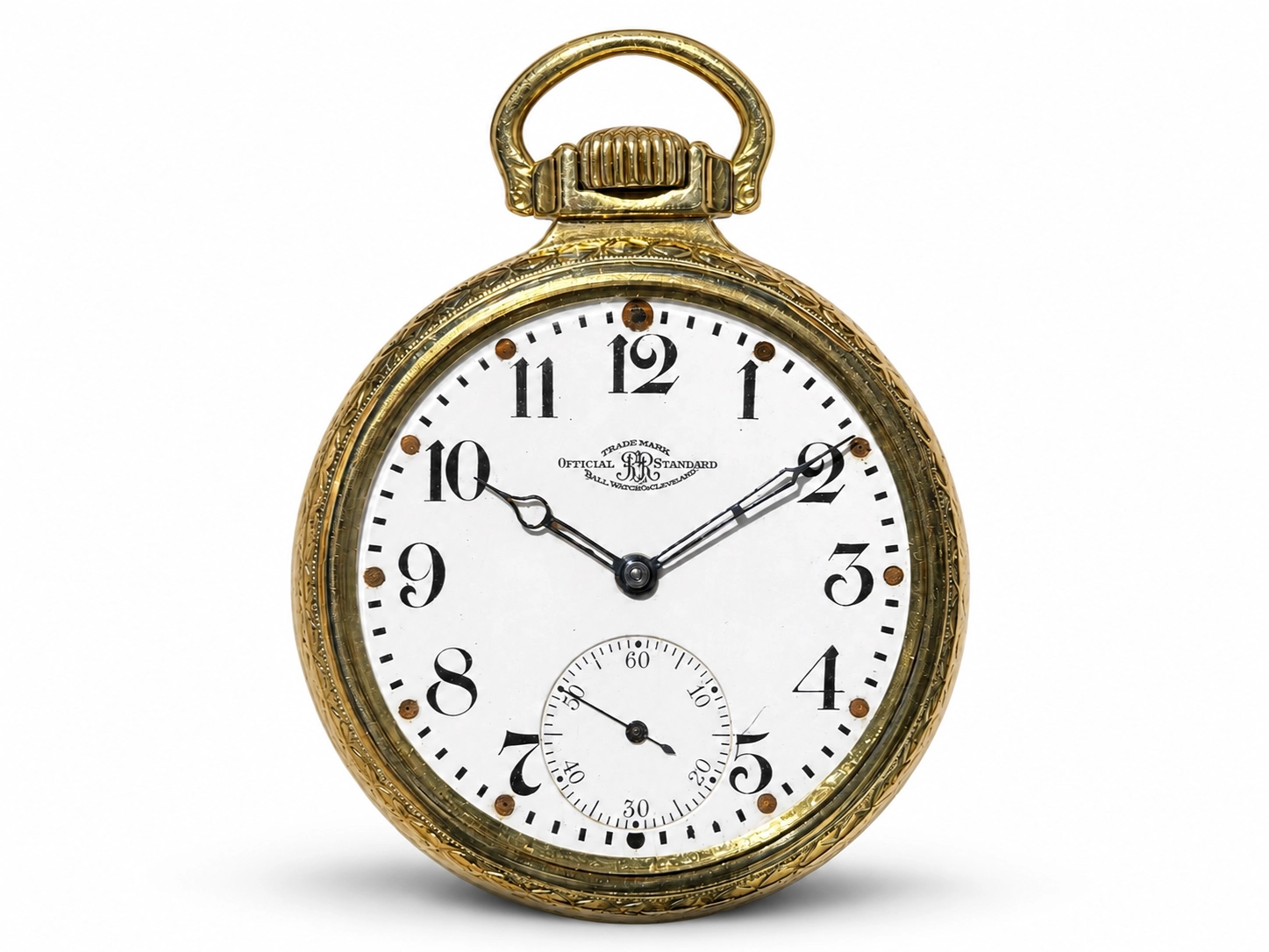 Gold-tone pocket watch with white dial, Arabic numerals, and subsidiary seconds dial at 6 o'clock.