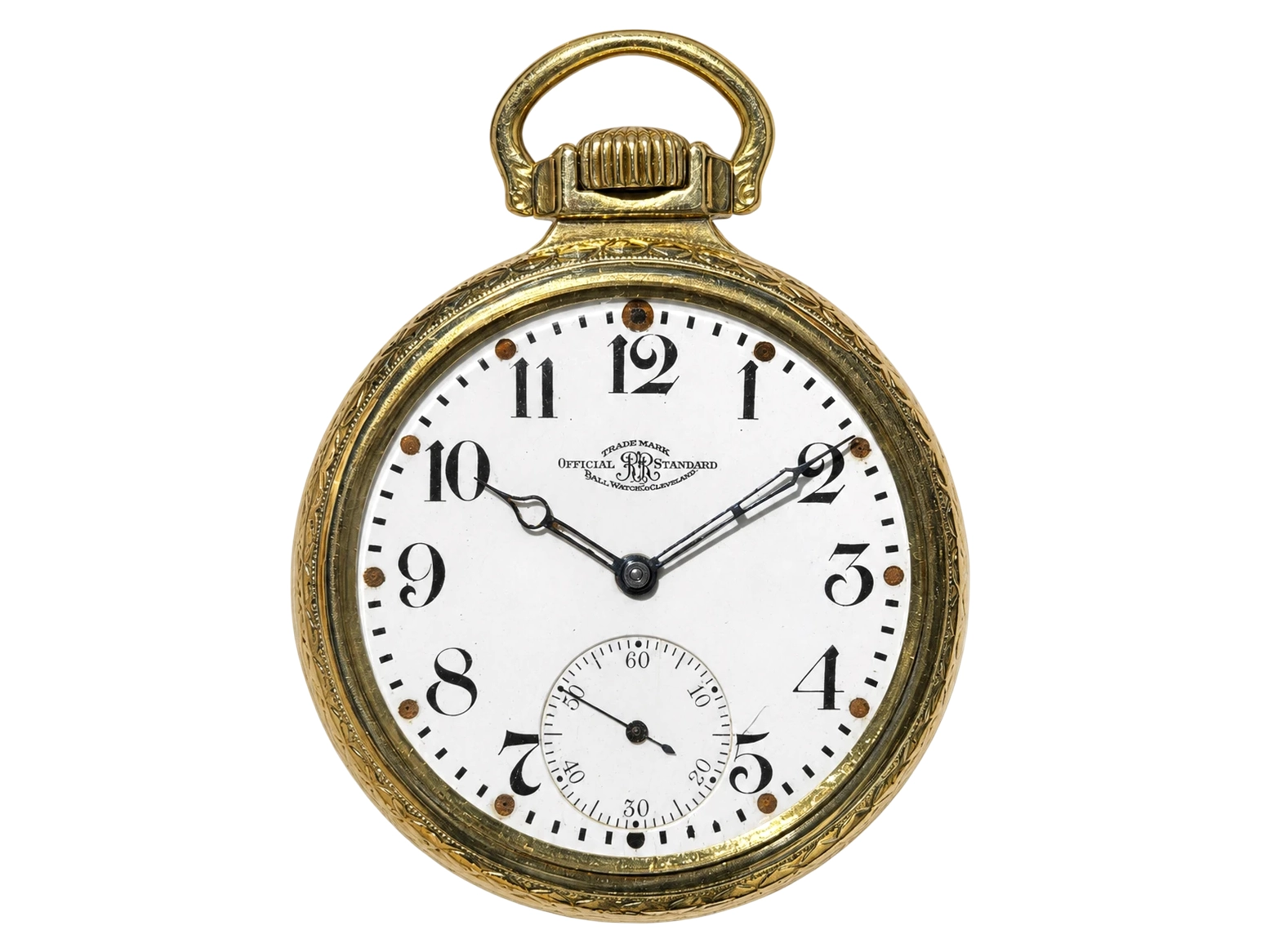 Gold pocket watch with white dial, Arabic numerals, subsidiary seconds subdial, and decorative case back.