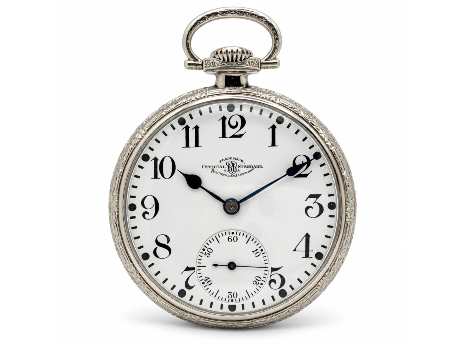 Ball-Waltham Official Standard 21 Jewel (1920) — white enamel Official Standard dial with bold Arabic numerals, RR trademark and blued steel spade hands