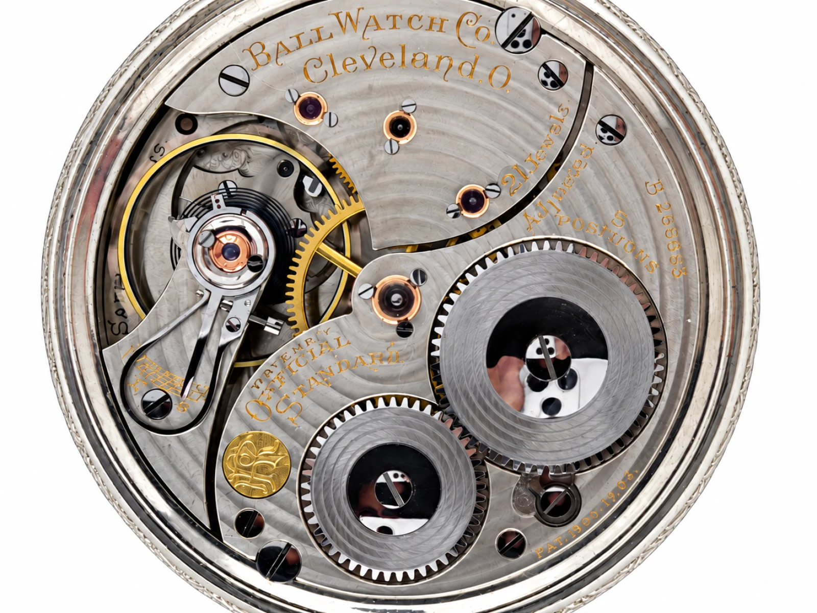 Ball-Waltham Official Standard 21 Jewel (1920) — 21 jewel nickel movement with circular damaskeening, gold jewel settings and gilt Ball Watch Co. Cleveland signature