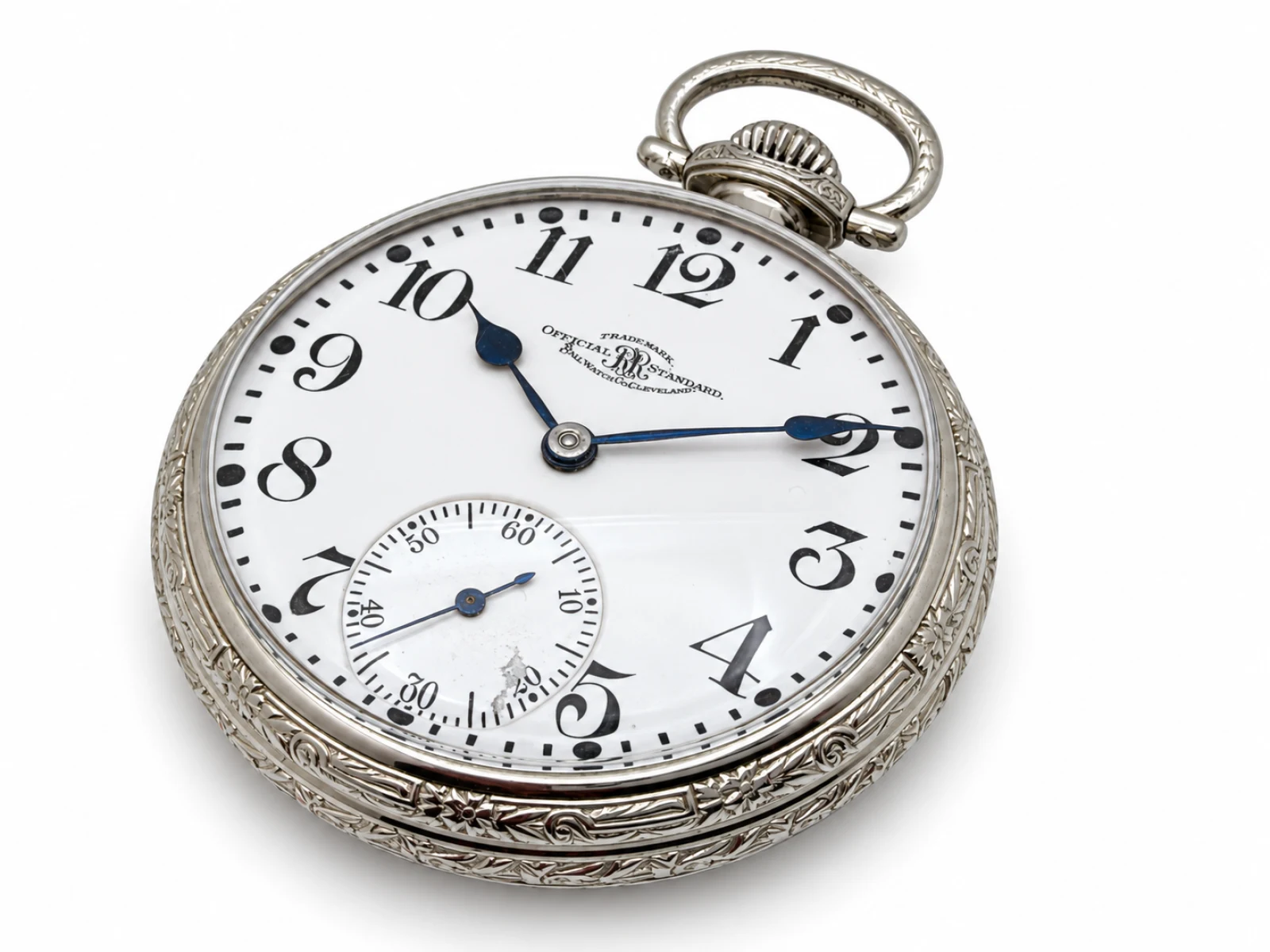 Ball-Waltham Official Standard 21 Jewel (1920) — dial at an angle showing the engraved bezel and subsidiary seconds