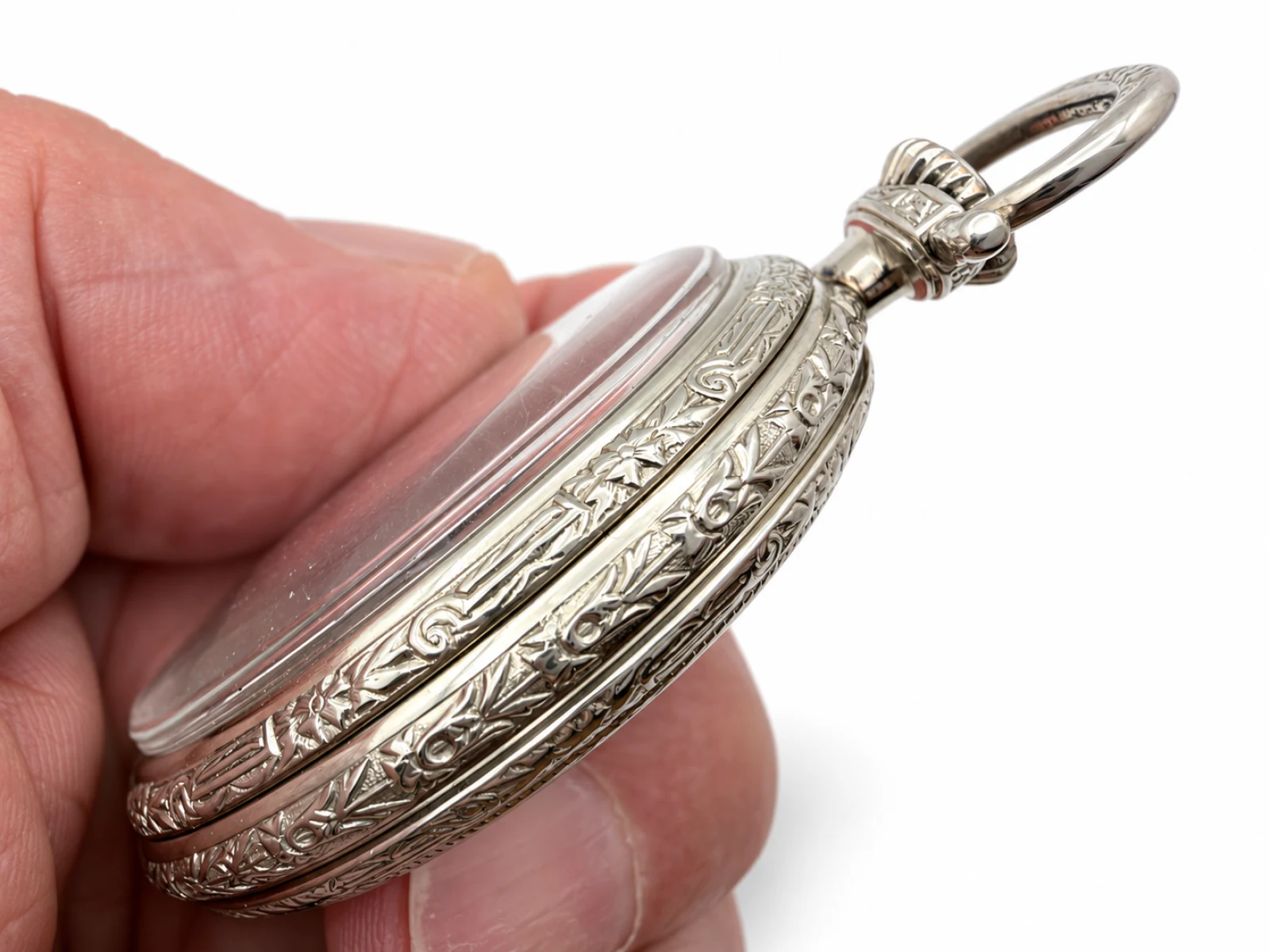 Ball-Waltham Official Standard 21 Jewel (1920) — engraved floral case band and pendant seen from the side