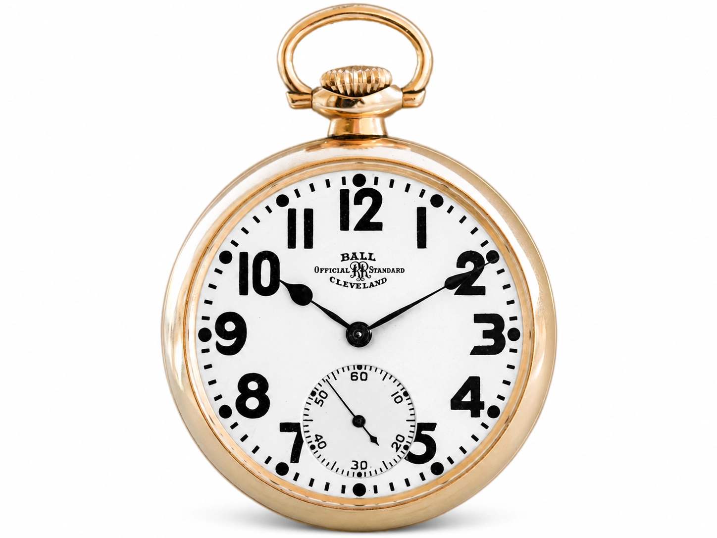 Gold pocket watch with white dial, bold black Arabic numerals, subsidiary seconds dial, and barrel crown.