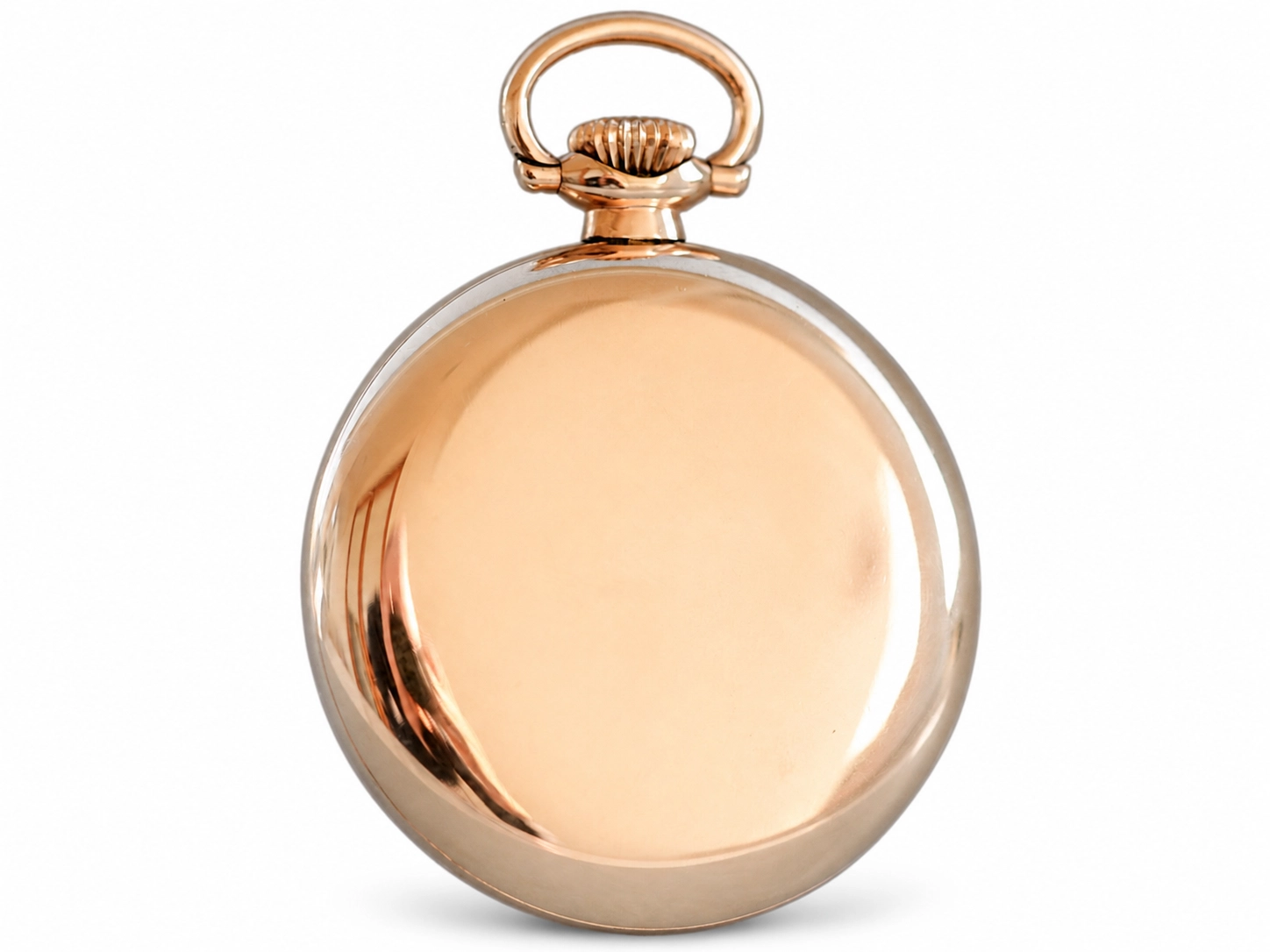 Closed rose gold hunter case pocket watch with smooth polished surface and decorative bail loop.