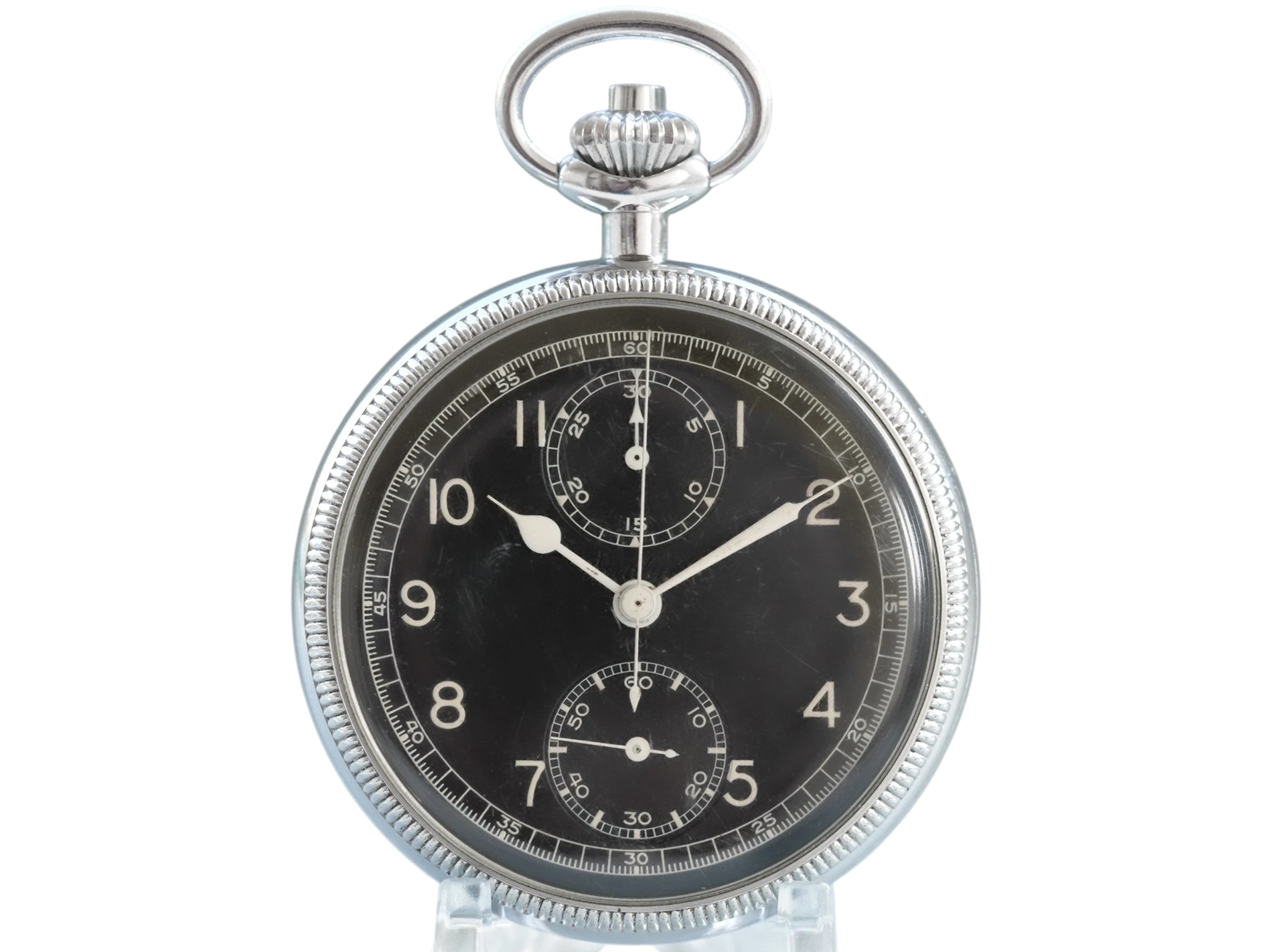 Chronograph pocket watch with black dial, Arabic numerals, and subsidiary dials for timing functions.