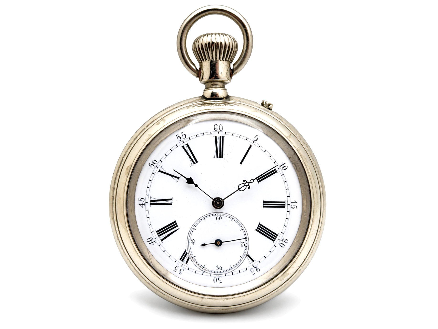 Swiss Cross Beguelin Inner Display Back (1890) — white dial with black roman numerals, subsidiary seconds dial at 6 o'clock, black hands,…