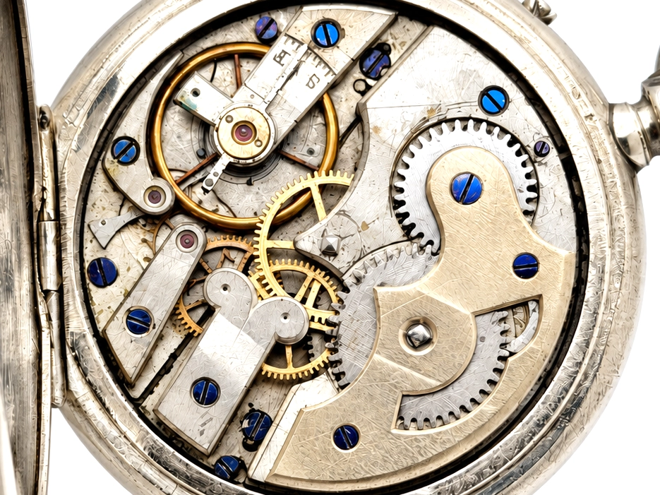 Swiss Cross Beguelin Inner Display Back (1890) — open movement with gold-colored gears, blue jewel settings, and decorated balance wheel…