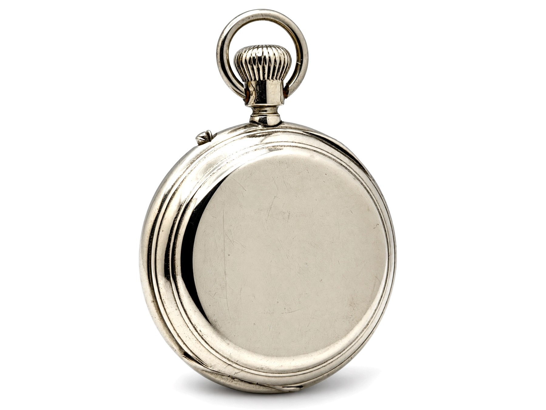 Swiss Cross Beguelin Inner Display Back (1890) — polished case with engraved bail loop and ribbed crown, open-face configuration