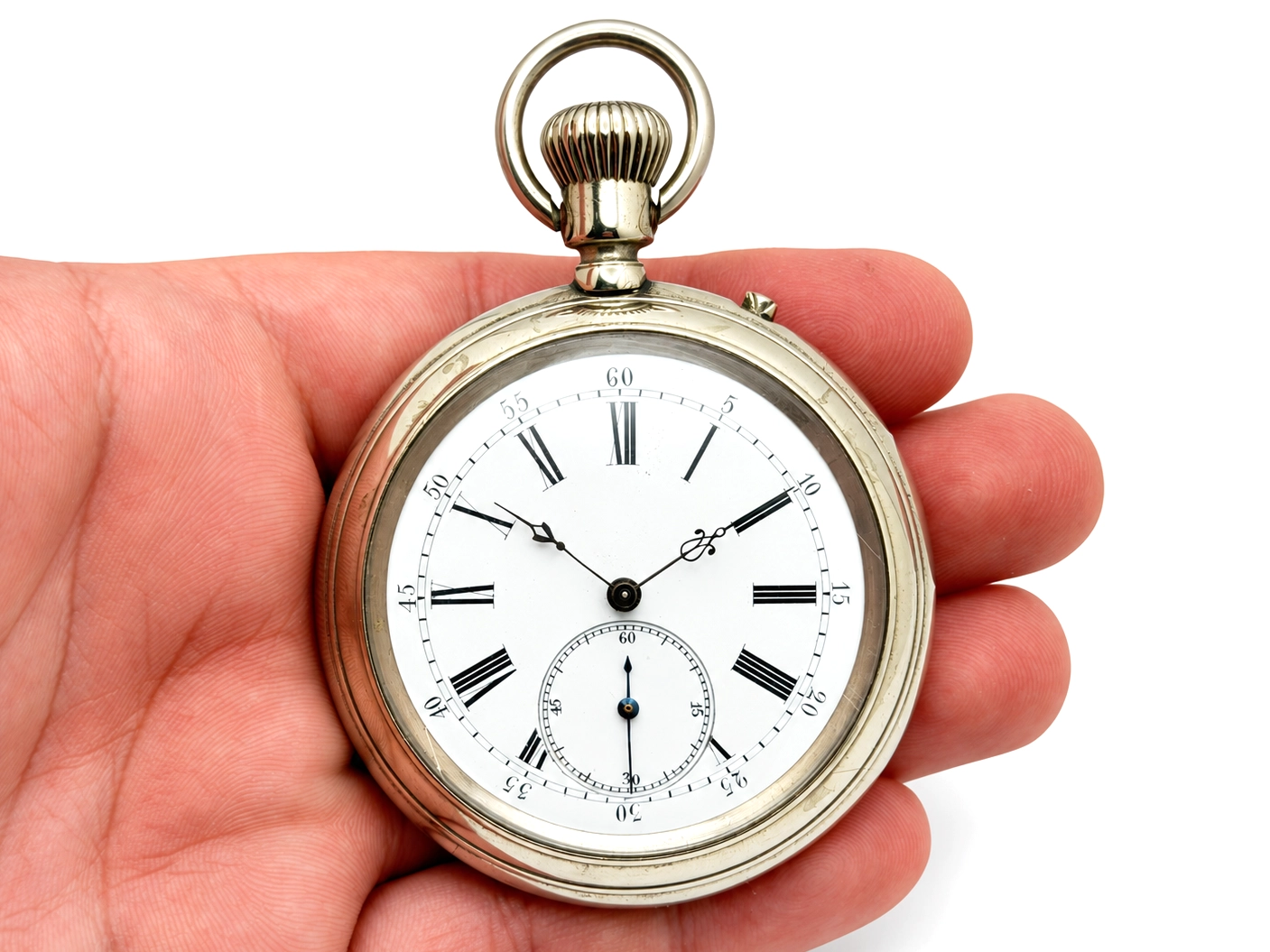Swiss Cross Beguelin Inner Display Back (1890) — open-face pocket watch with white dial, Roman numerals, black hands, and subsidiary…