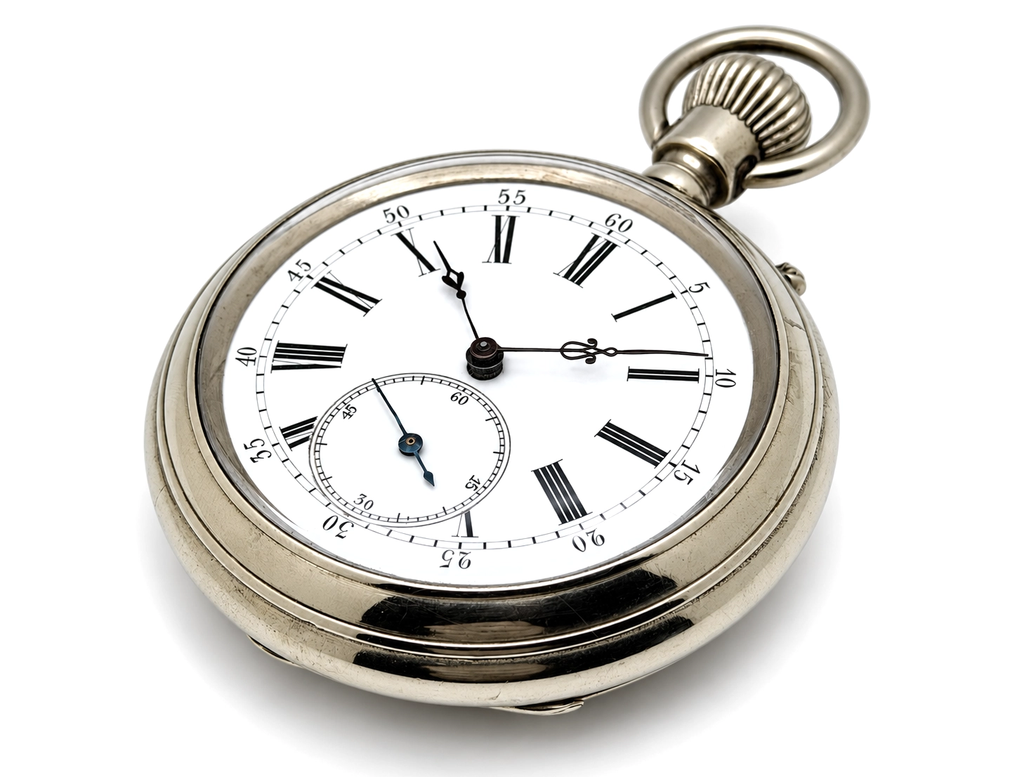 Swiss Cross Beguelin Inner Display Back (1890) — white dial with roman numeral hour markers, subsidiary seconds dial at 6 o'clock, spade…