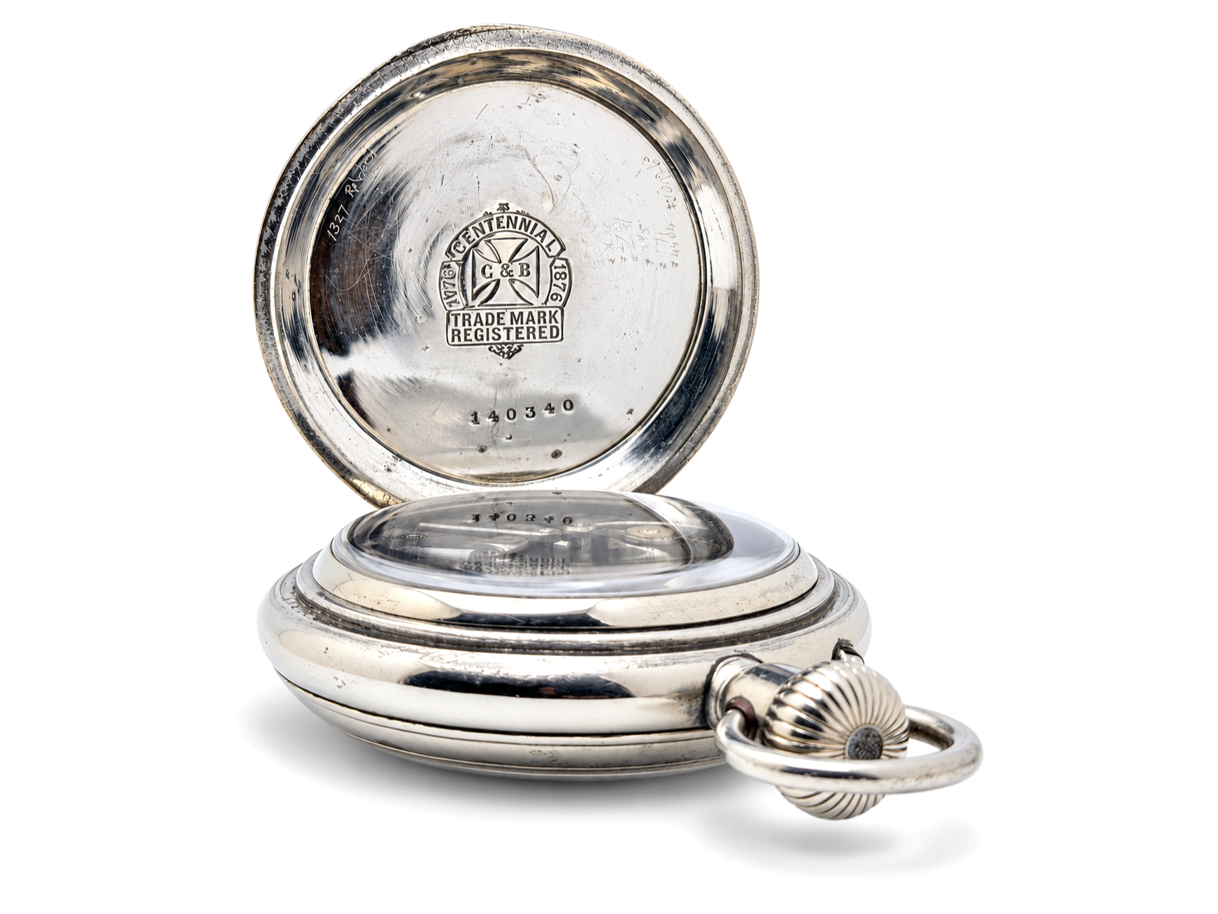 Swiss Cross Beguelin Inner Display Back (1890) — polished case back with hallmark, crossed-hammer trade mark, and serial number 140340…