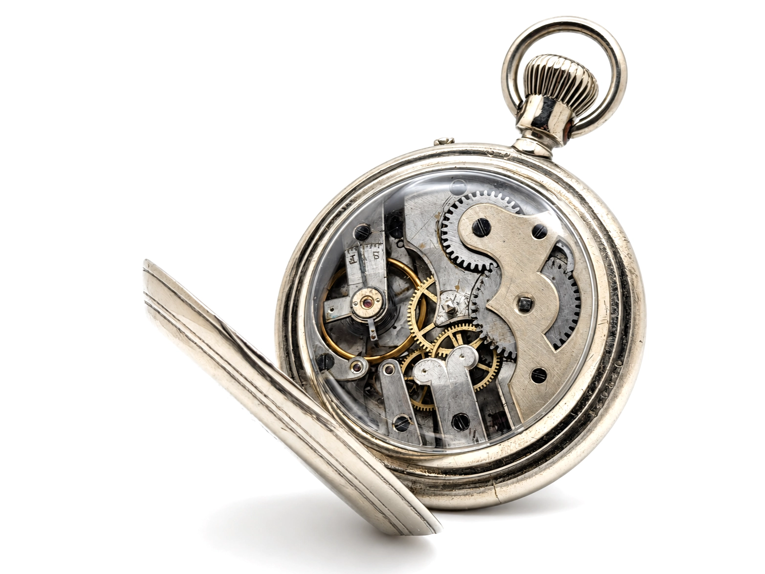 Swiss Cross Beguelin Inner Display Back (1890) — open movement showing brass gears, steel plates, and jeweled pivots with polished steel…