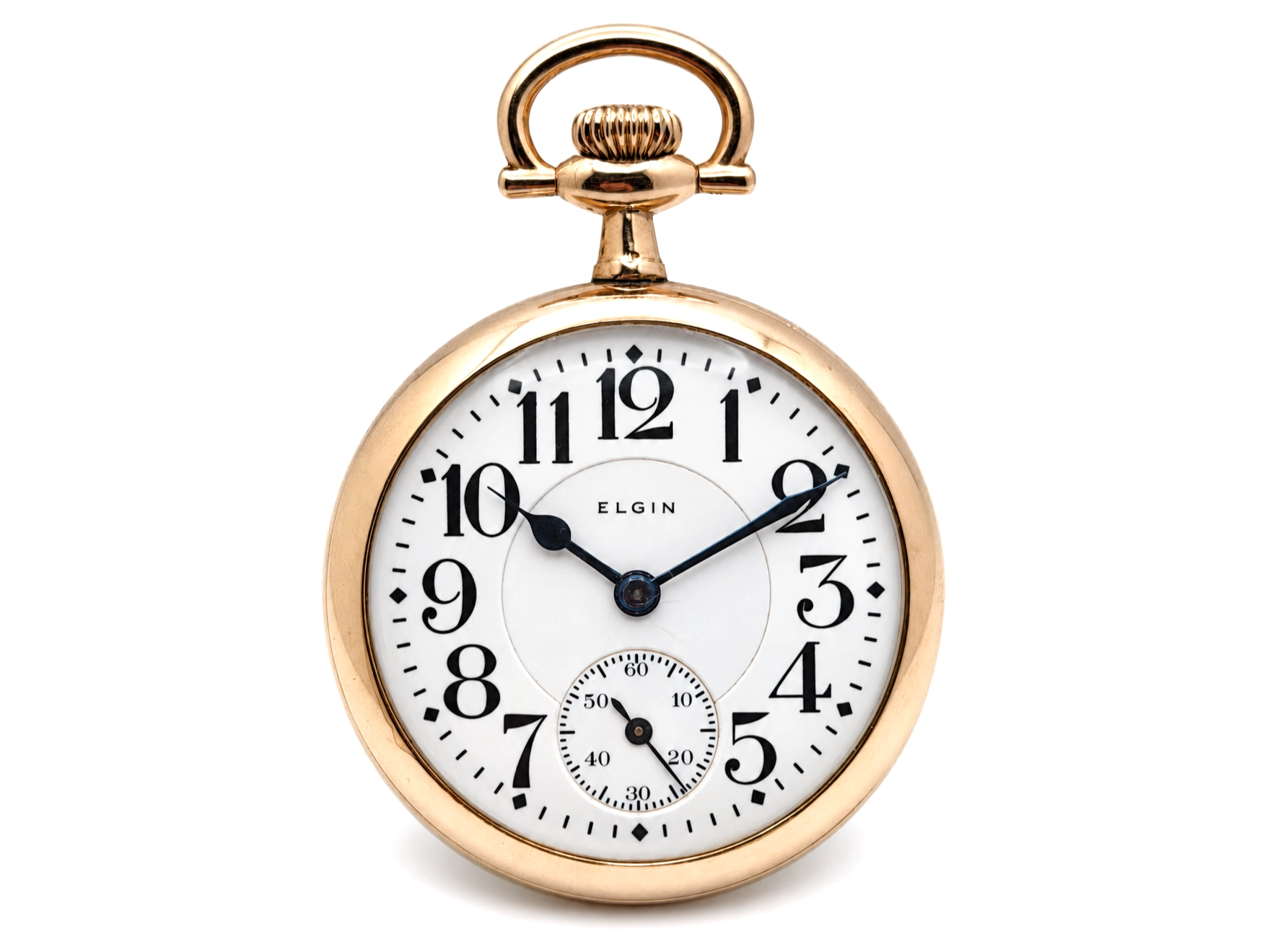 Elgin Father Time Grade 388 — white enamel dial with Arabic numerals, blued steel hands, and subsidiary seconds dial at 6 o'clock