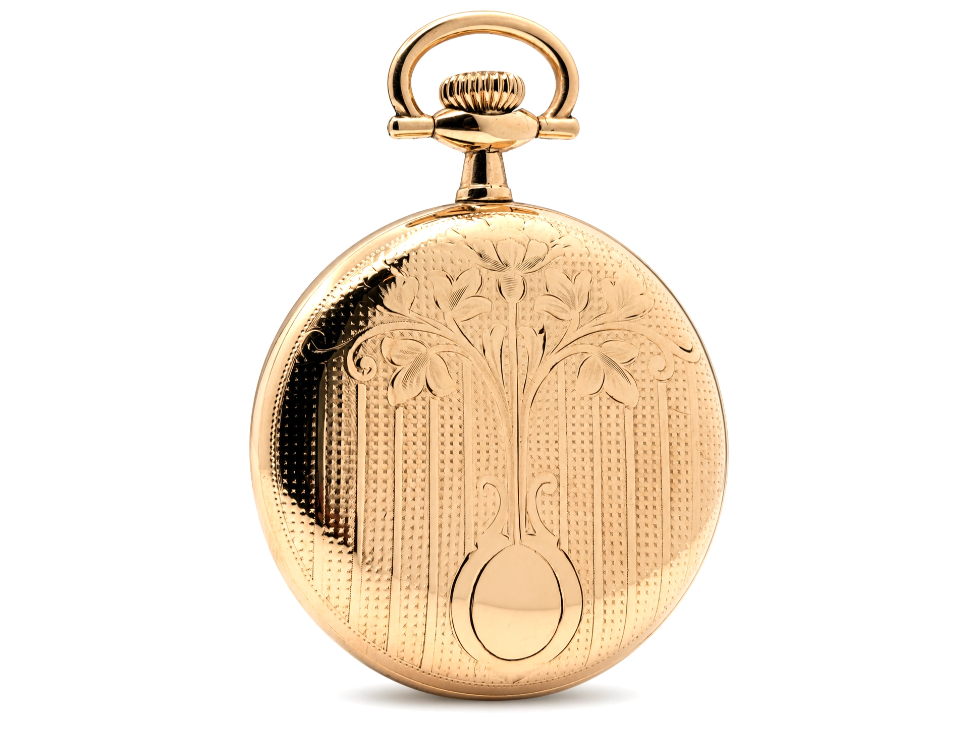 Elgin Father Time Grade 388 — closed case back with engraved tree and scrollwork design, hinged bow at top