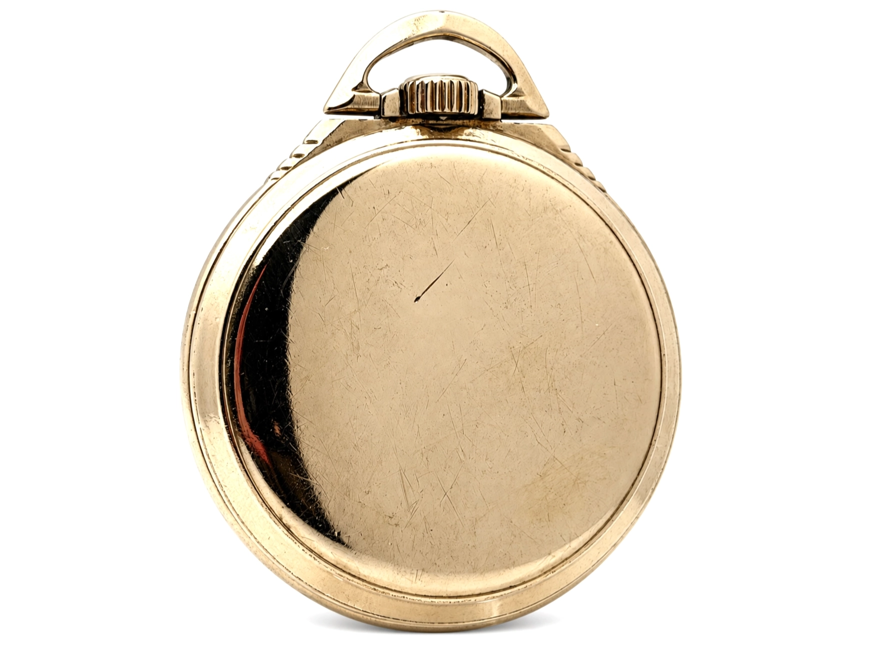 Elgin B.W. Raymond Late-Era Railroad Streamline Case (1953) — closed case back with subtle engraving, showing wear and patina, bow and…