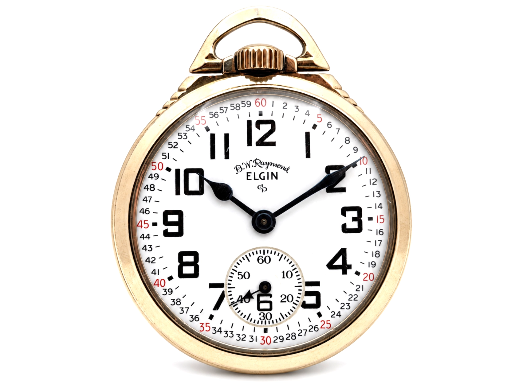 Elgin B.W. Raymond Late-Era Railroad Streamline Case (1953) — open-face watch with white enamel dial, bold Arabic numerals 1–12,…