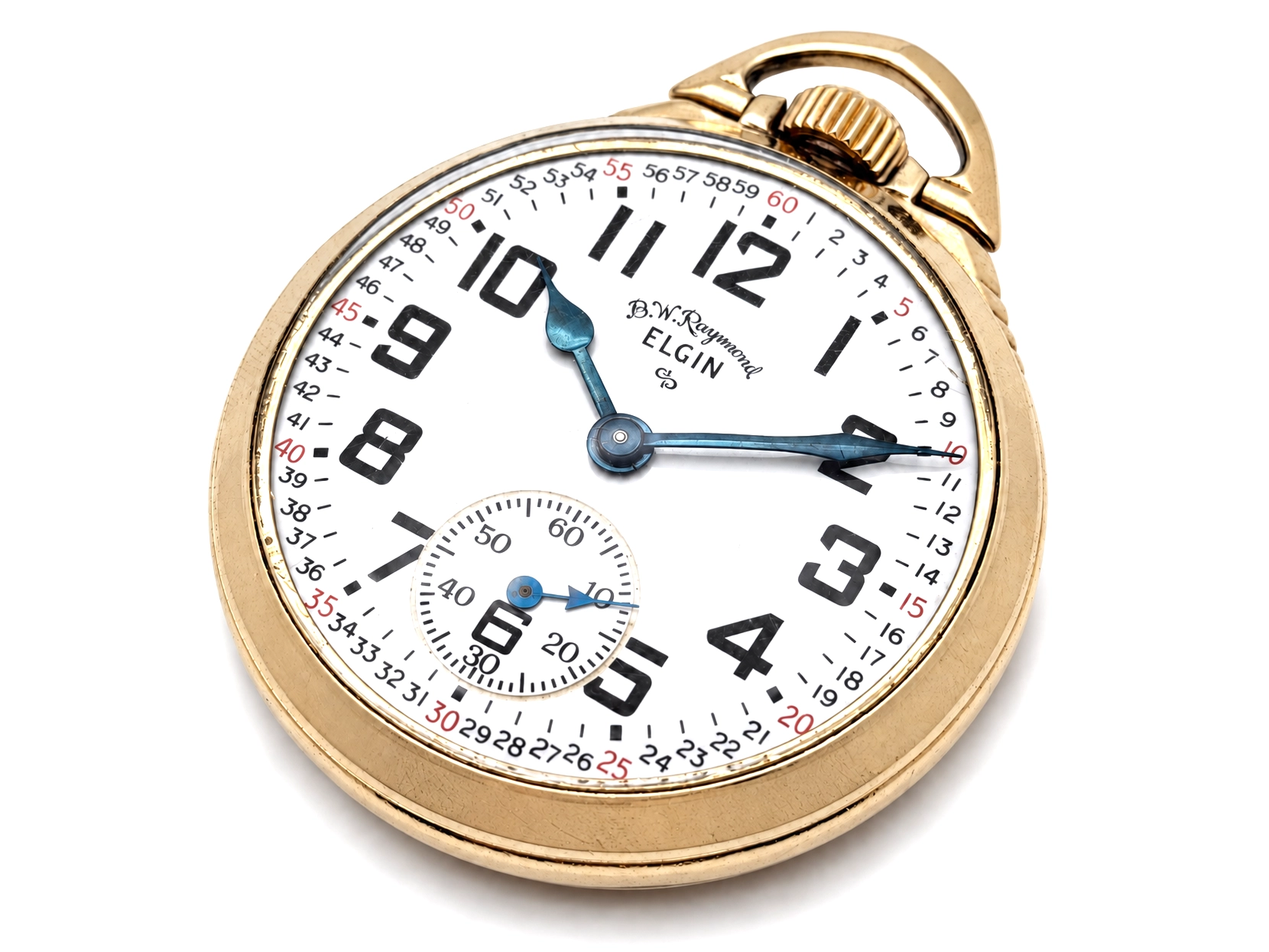 Elgin B.W. Raymond Late-Era Railroad Streamline Case (1953) — white enamel dial with Arabic numerals, blued steel hands, and subsidiary…