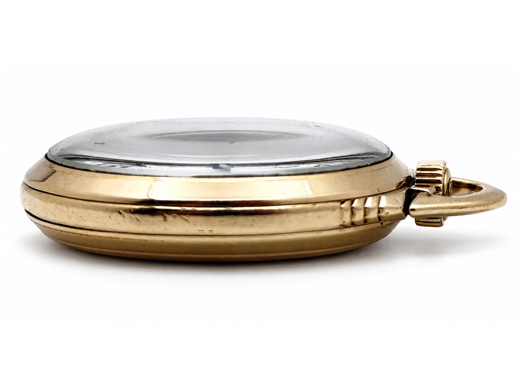 Elgin B.W. Raymond Late-Era Railroad Streamline Case (1953) — open case back showing yellow finish with vertical decorative lines,…