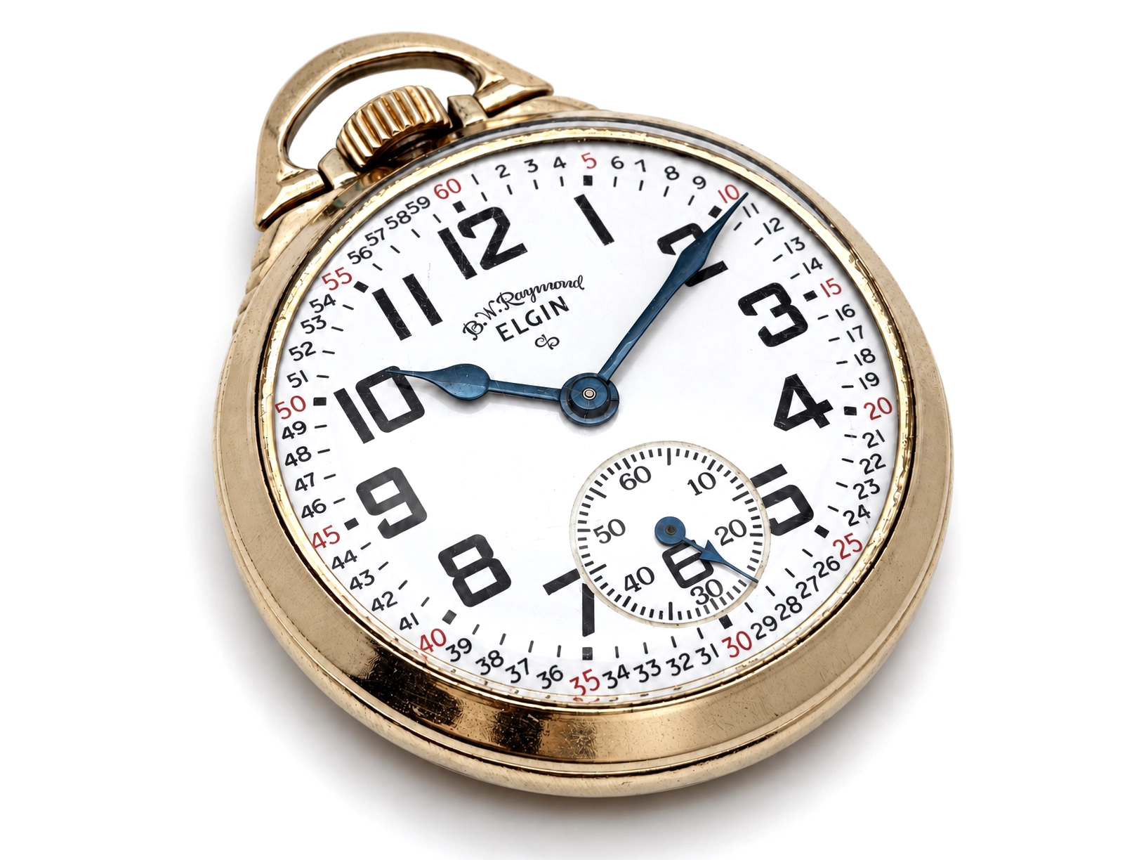 Elgin B.W. Raymond Late-Era Railroad Streamline Case (1953) — white enamel dial with Arabic numerals, subsidiary seconds dial at 6…