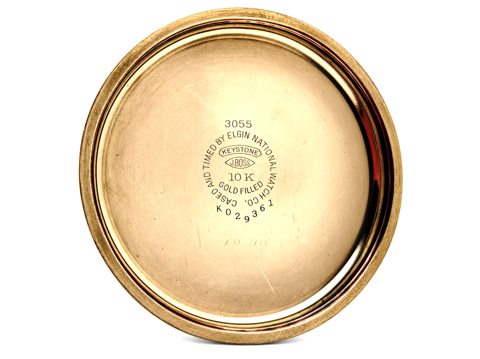 Elgin B.W. Raymond Late-Era Railroad Streamline Case (1953) — case back showing Keystone JBoss hallmark, 10K gold filled marking, serial…