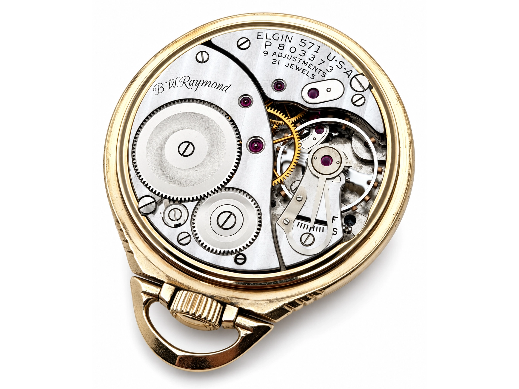 Elgin B.W. Raymond Late-Era Railroad Streamline Case (1953) — open movement with engraved wheels, decorated bridges, and visible jewel…