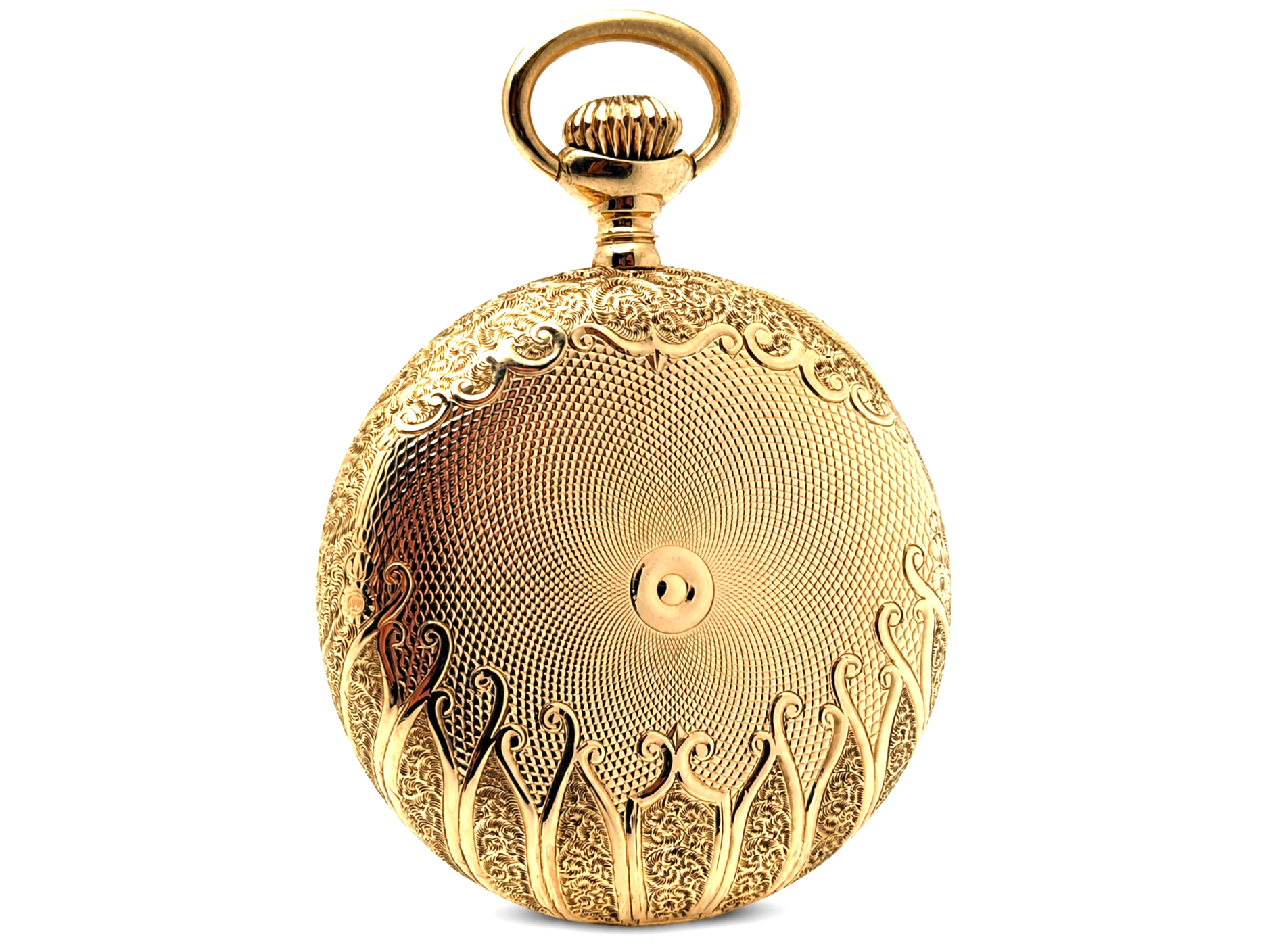 Closed ornate gold pocket watch case with decorative filigree patterns and ribbed center design.