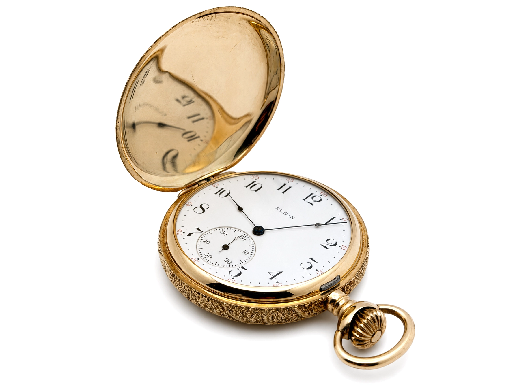 Open-face pocket watch with white dial, Arabic numerals, subsidiary seconds dial, and gold case with chain loop.