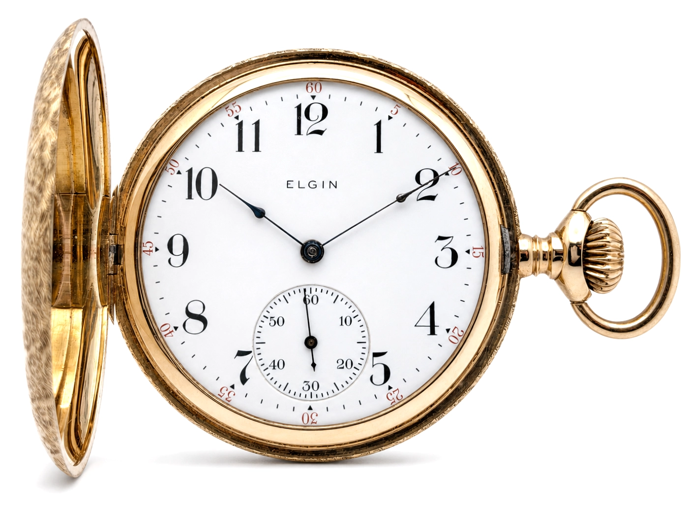 Open-face Elgin pocket watch with white dial, Arabic numerals, and subsidiary seconds subdial, shown with closed hunter case.
