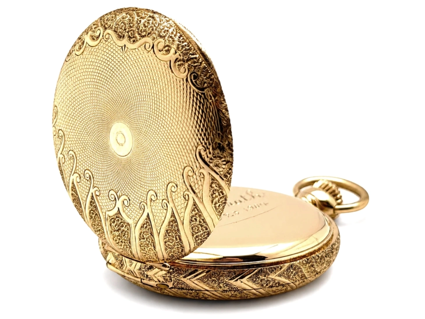 Ornate gold-filled pocket watch in hunter case with hinged front and back covers open, displaying engine-turned dial and polished gold su…