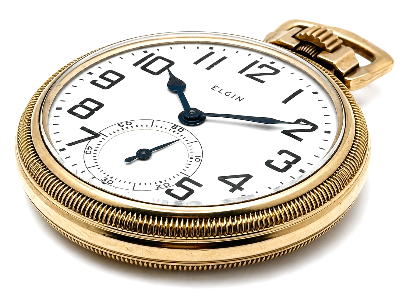 Gold pocket watch with white dial, Arabic numerals, subsidiary seconds dial, and blued steel hands.